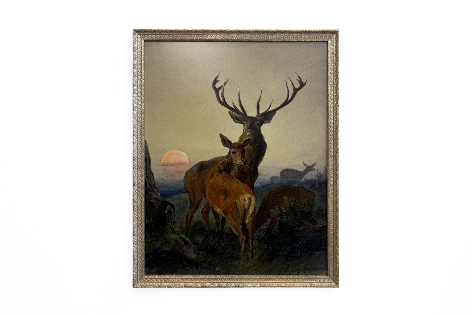 Hirvi peuran kanssa metsäisessä maisemassa auringonlaskun aikaan - Carl Friedrich Deiker