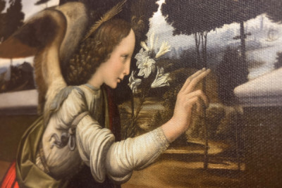 Italia Toscana Firenze, Uffizi-galleria: Annunciation, Leonardo da Vincin (1452-1519) maalaus, öljy puulle, n. 1472-1475, 98x217 cm