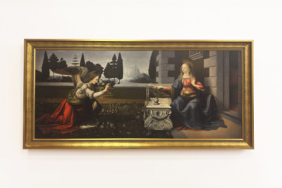 Italia Toscana Firenze, Uffizi-galleria: Annunciation, Leonardo da Vincin (1452-1519) maalaus, öljy puulle, n. 1472-1475, 98x217 cm