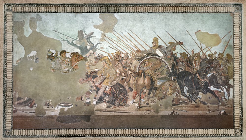 Aleksanteri-mosaiikki, joka kuvaa Issoksen taistelua Aleksanteri Suuren (356-323 eaa.) ja Dareios III:n (k. 330 eaa.) välillä vuonna 333 eaa., Casa del Faunosta (Faunin talosta) irrotettu roomalainen lattiamosaiikki tekijältä Roman