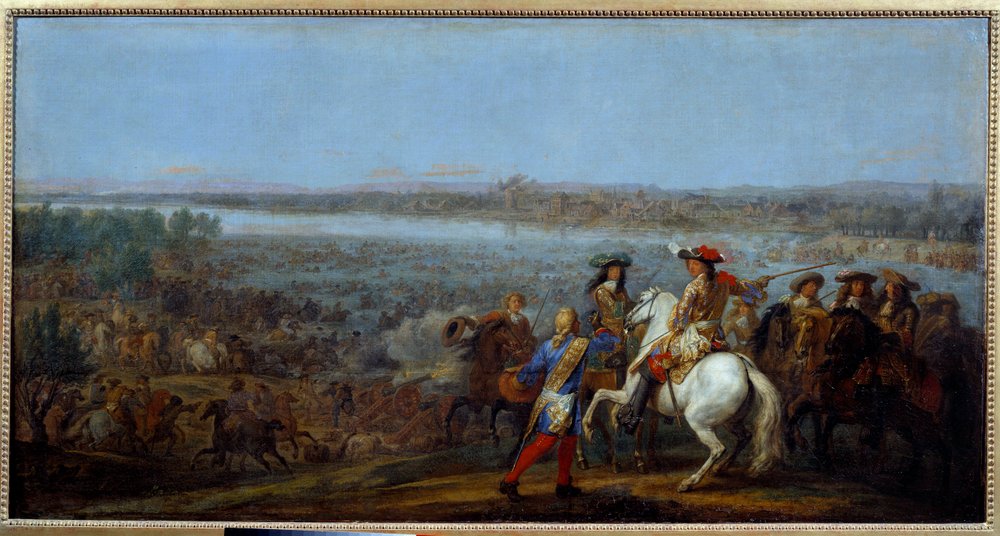 Hollannin sota: "" Reinin kulku 12.6.1672"" Kuningas Ludvig XIV:n (1638-1715) ja Ludvig II Bourbonin armeijat, Conden prinssi (Bourbon-Conde) (Grand Conde) (1621- 1686) ohittaa Reinin Tolhuisiin. Adam Frans van der Meulenin (1632-90) maalaus M tekijältä Adam Frans van der Meulen