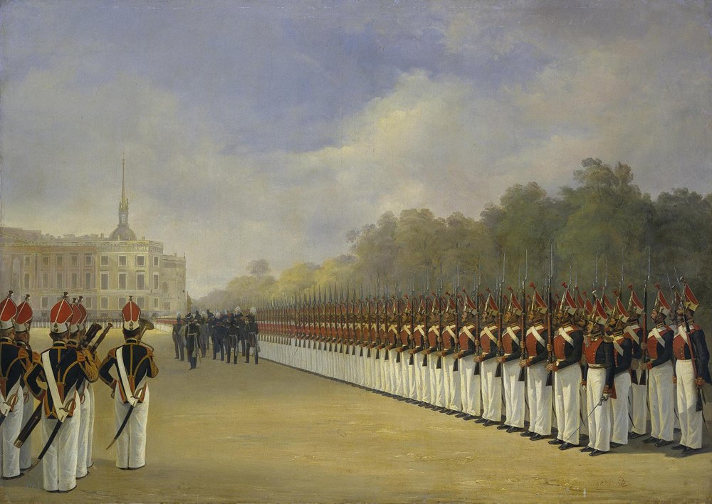 Pavlovskin kaartinrykmentin paraati Pietarin Marskentällä, 1830-luku tekijältä Adolphe Ladurner