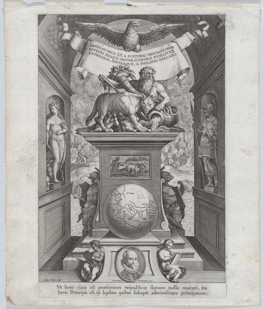 Nimisivu teokselle "Roomalaiset keisarit hevosella", n. 1587-89. tekijältä Adriaen Collaert