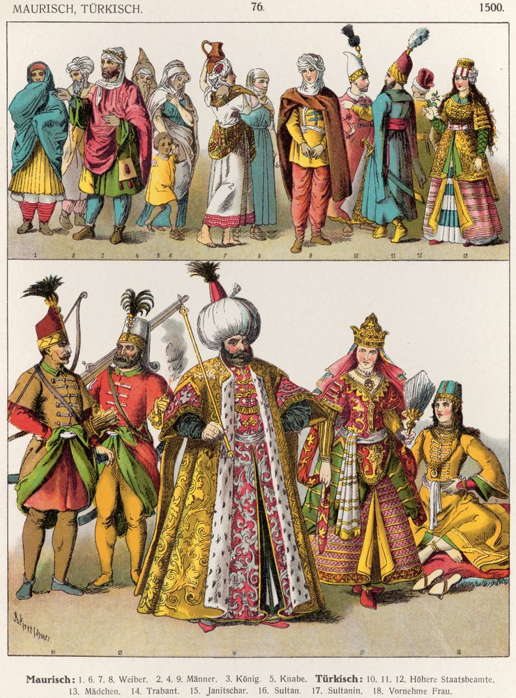 Maurilainen ja turkkilainen puku, noin 1500, teoksesta "Kansojen puvut", 1864 tekijältä Albert Kretschmer