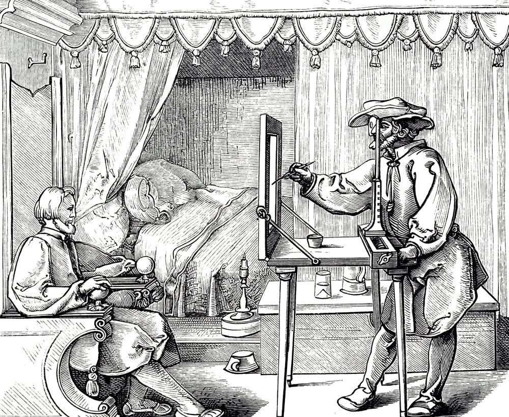 Puupiirros, jossa taiteilija käyttää piirustusapuvälinettä muotokuvan mittasuhteiden oikeaksi saamiseksi. Kaiverrus Albrecht Dürer (1471-1528), saksalainen taidemaalari, taidegraafikko ja renessanssin teoreetikko tekijältä Albrecht (after) Durer or Duerer