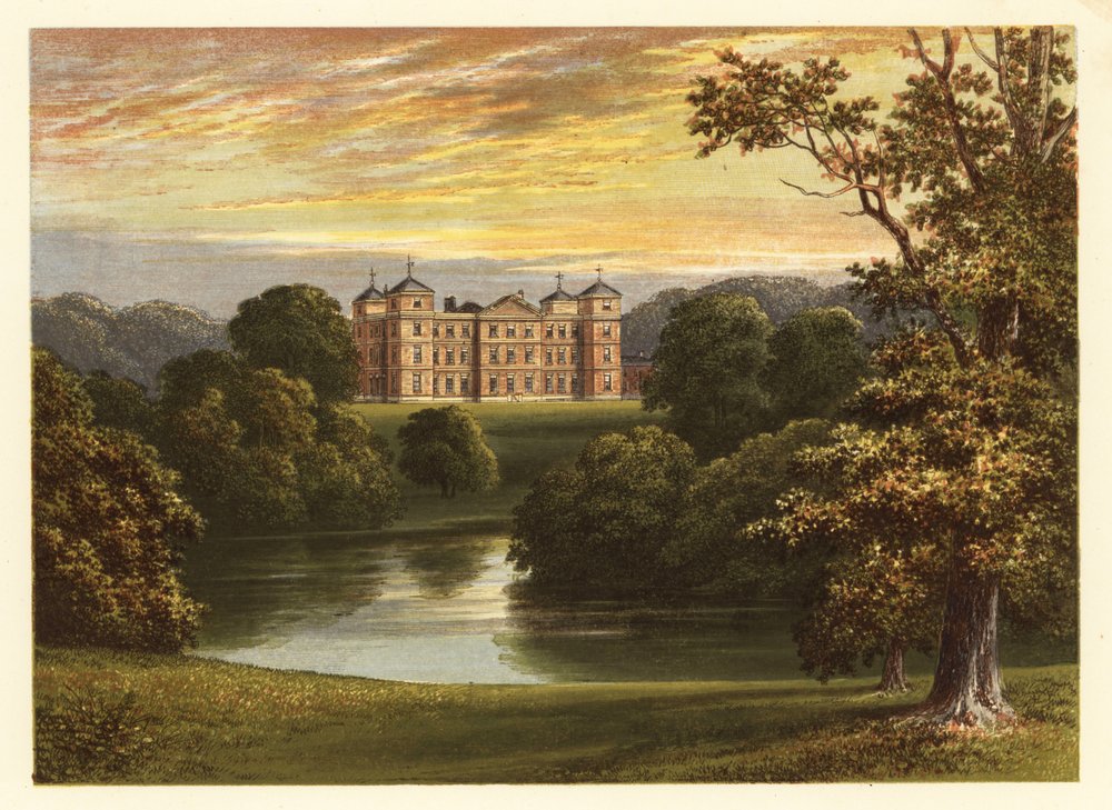 Näkymä Kimberley Hallille, Norfolk, Englanti. 1880 (kaiverrus) tekijältä Alexander Francis (after) Lydon
