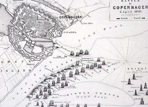 Kööpenhaminan taistelun suunnitelma, 2. huhtikuuta 1801, noin 1830-luku (kaiverrus) tekijältä Alexander Keith Johnston