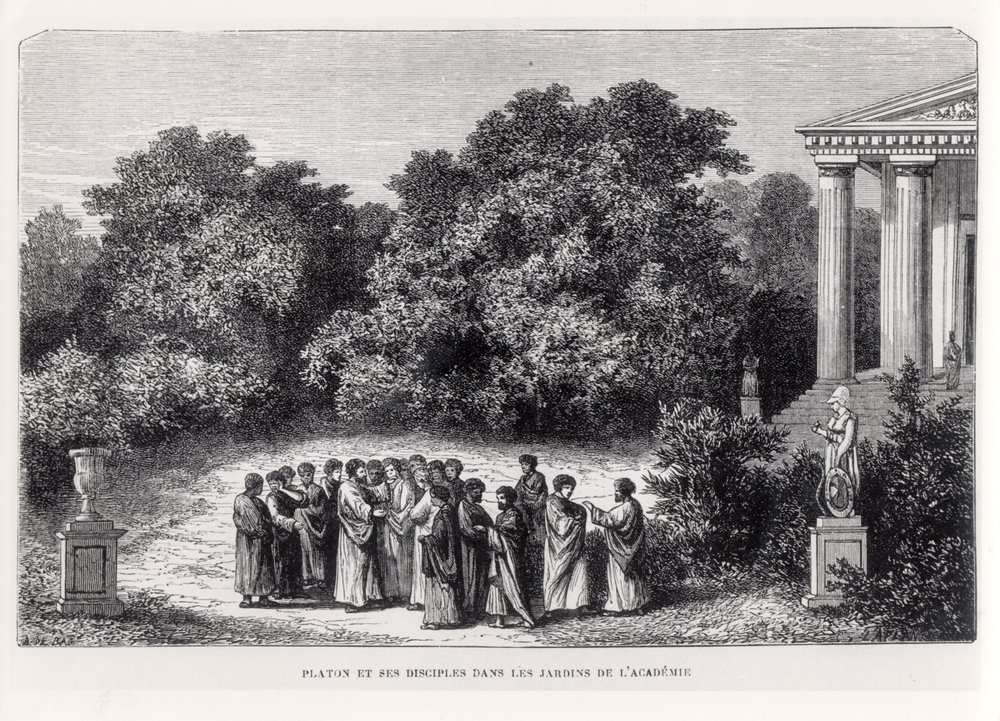 Platon (n. 427-n. 348 eKr.) ja hänen opetuslapsensa Akatemian puutarhassa, Louis Figuierin teoksesta "La Vie des Savants Illustres", kaiverrus Laplante, n. 1870 tekijältä Alexandre de Bar
