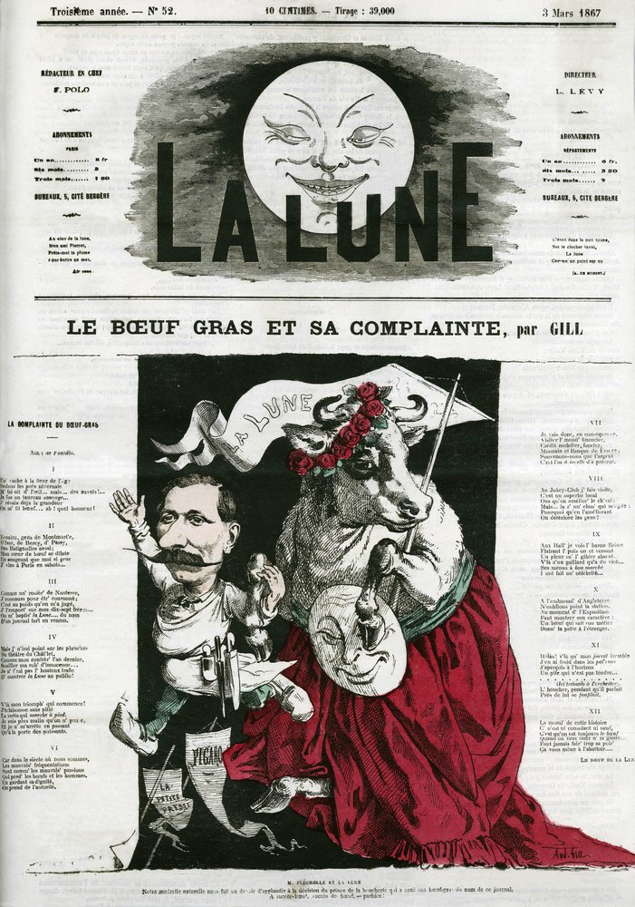 Le Boeuf gras et sa lament, esimerkki laulusta. Gillin sarjakuva elokuvassa "La Lune", 3. maaliskuuta tekijältä Andre Gill