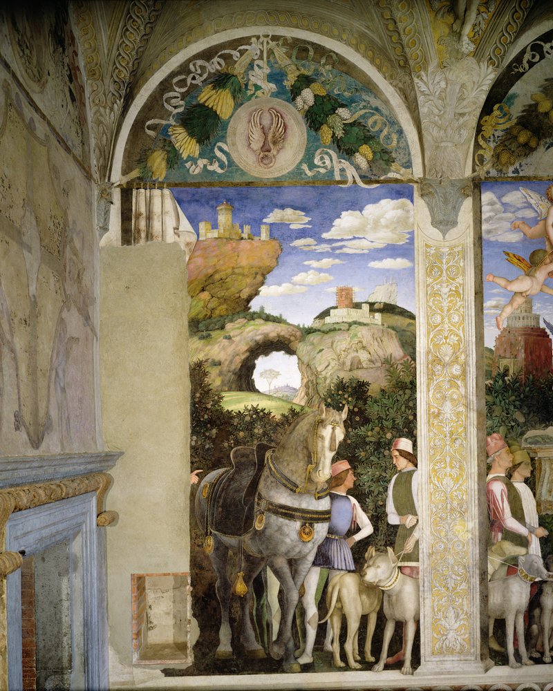 Hevonen ja tallirenki metsästyskoirineen Camera degli Sposista eli Camera Pictasta, 1465-74 (yksityiskohta teoksesta 78449) tekijältä Andrea Mantegna