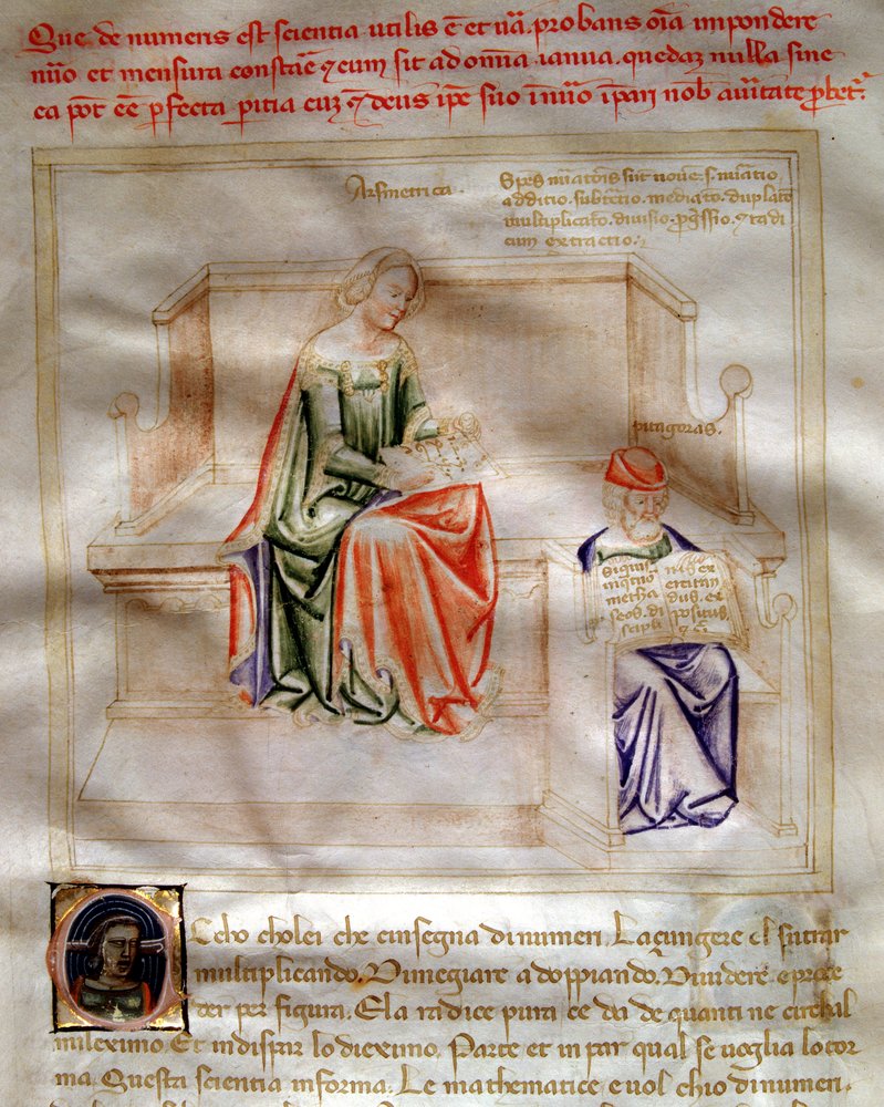 Arithmetiikin allegorioita Bartolomeo di Bartolin teoksessa "" Chansonne des sept Vertus et des sept Arts liberales, joka on määrätty Bruzio Viscontille" (hyveiden ja tieteiden laulu). Andrea di Bartolin vesiväri (aktiivinen 1358-1368) (ms. 599, tekijältä Andrea de Bartoli