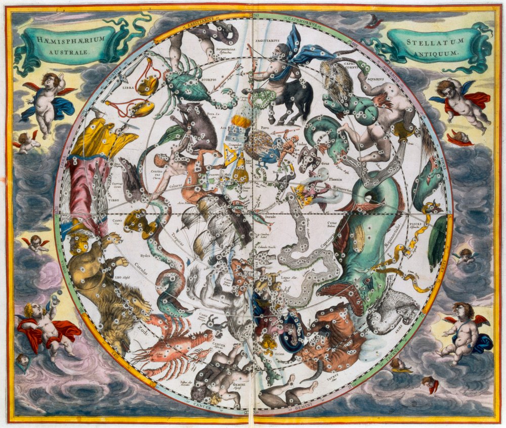 Eteläisen taivaanpuoliskon kartta, 1660-1661 tekijältä Andreas Cellarius