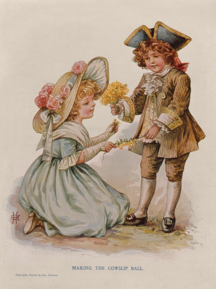 Making the Cowslip Ball, kirjakuvitus, 1900-luvun alku (värilitografia) tekijältä Anonymous Anonymous