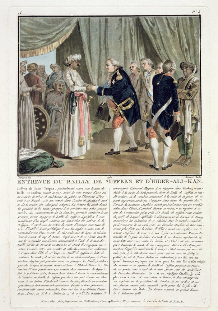 Pierre Andre de Suffren de Saint Tropezin (1729-88) ja Haider Alin (1728-82) tapaaminen, 1782, kaivertaja Jean Baptiste Morret (1790-1820), 1789. tekijältä Antoine Louis Francois Sergent-Marceau