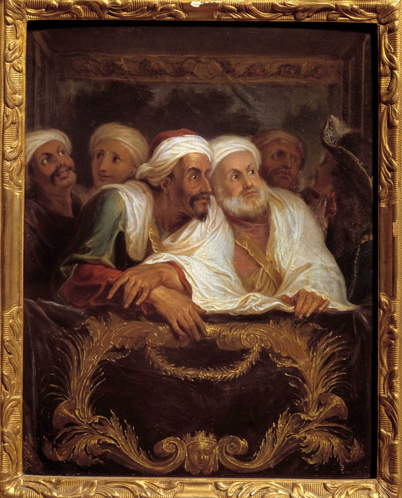 Marokon suurlähettiläs Mohamed Temin osallistumassa näytökseen italialaisen komedian loosissa Pariisissa helmikuussa 1682 Antoine Coypelin (1661-1722) maalaus 1600-luvun su. 0,28x0,22 m tekijältä Antoine Coypel