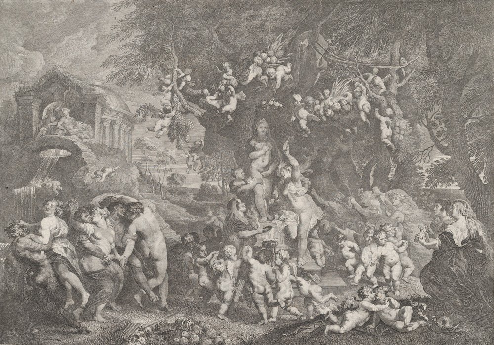 Venuksen juhla, jossa satyyri-, nymfi- ja puttiryhmät tanssivat Ve...-patsaan ympärillä, 1732. tekijältä Anton Joseph von Prenner