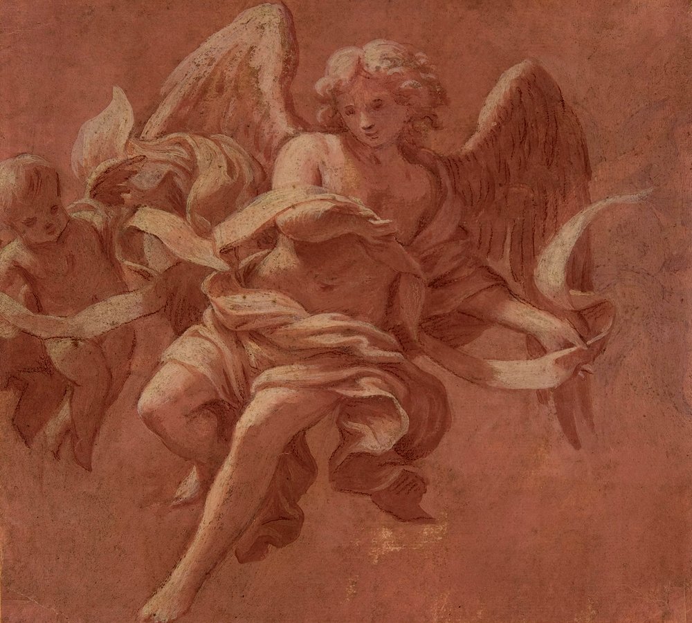 Putto ja enkeli pitelemässä banderolia, 1706 tekijältä Antonio Franchi