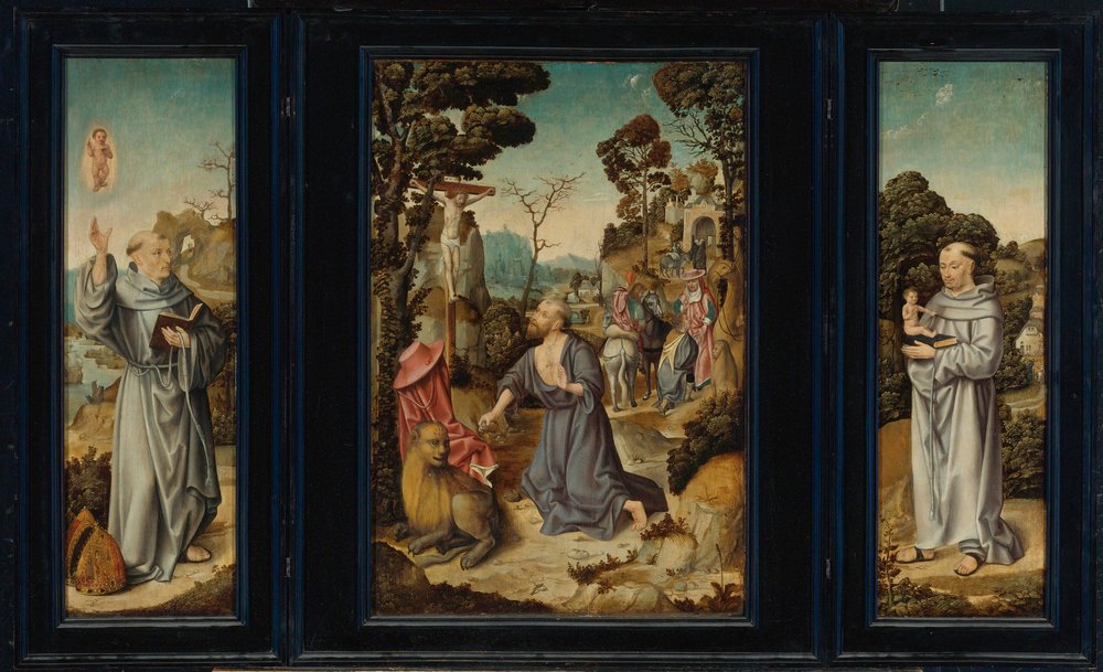 Triptyykki: Kohtauksia St. Jerom, St. Anthony Padovalainen, St. Bernard Clairvaux tekijältä Antwerp School c. 1525-3