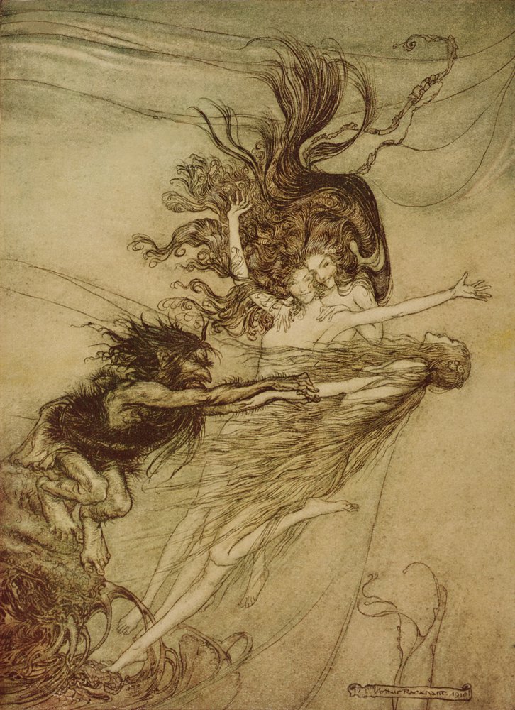 Reineitit kiusaamassa Alberichia Richard Wagnerin The Rhinegold and The Valkyrie -elokuvasta, 1910 tekijältä Arthur Rackham