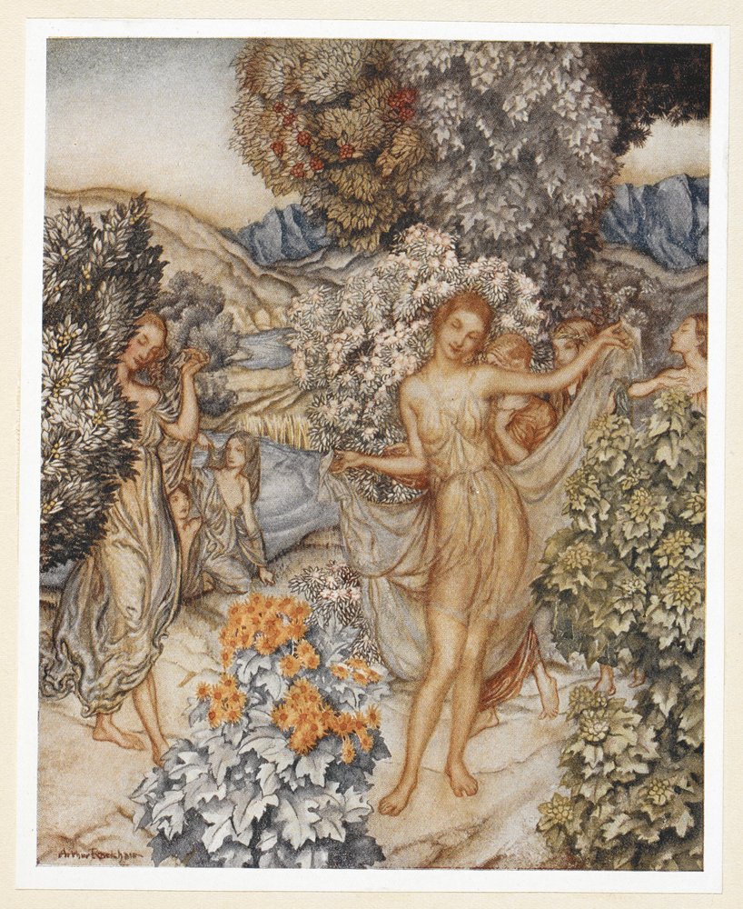 ATO IV: Cena I, linha 132 Vinde, temperadas ninfas, e ajudai a festejar Um contrato de amor verdadeiro. Próspero instrui Ariel a deixar roupas berrantes em uma árvore para tentar os homens. tekijältä Arthur Rackham