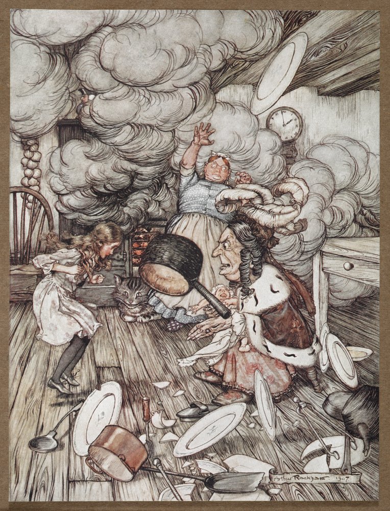 Liisa keittiössä herttuattaren, kokin ja Cheshire Catin kanssa tekijältä Arthur Rackham
