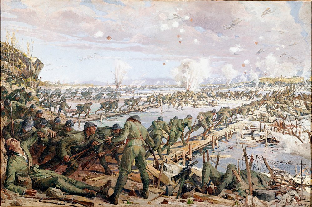 Ensimmäinen maailmansota: Piaven taistelu kesäkuussa 1918 (akvarelli ) tekijältä Artist Unknown