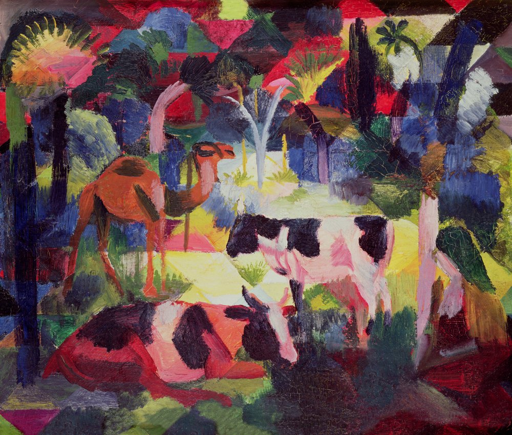 Maisema, lehmiä ja kameli tekijältä August Macke