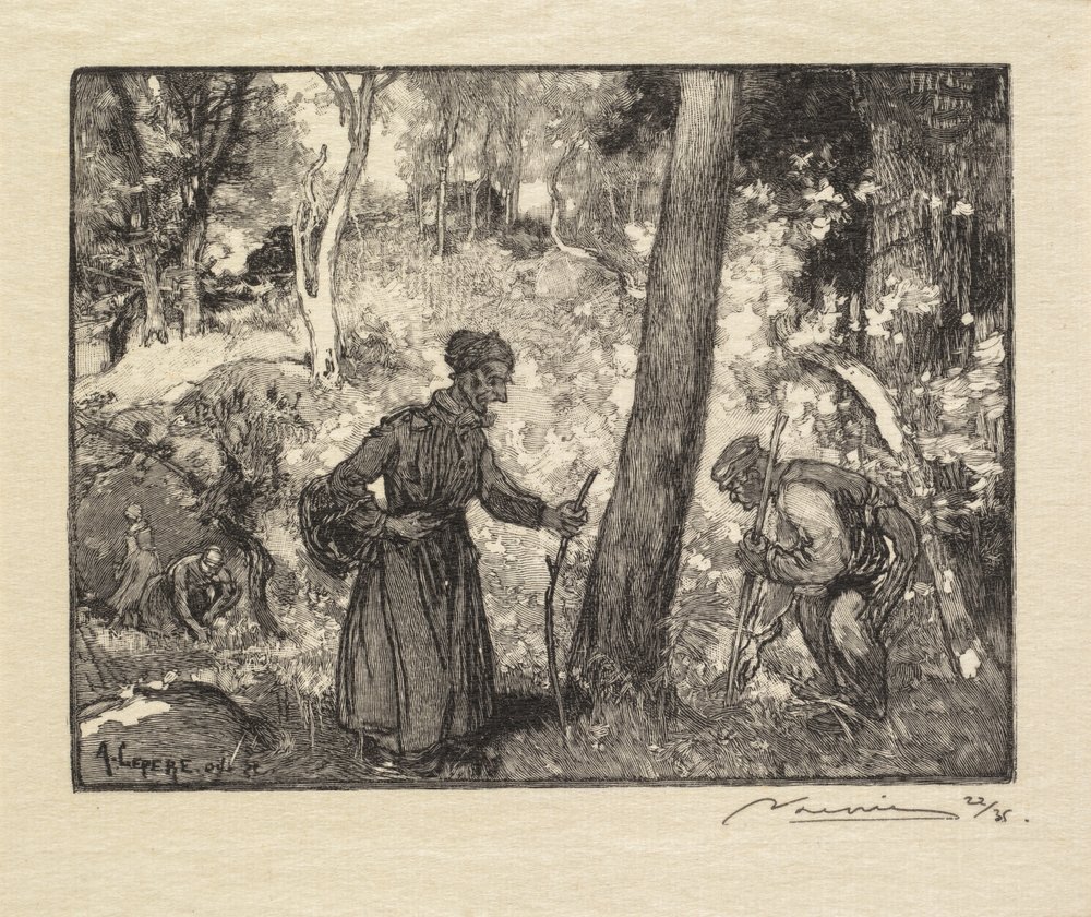 Fontainebleaun metsä: sienenmetsästäjät Rocher Bernard La Forêt de Fontainebleaussa..., 1890. tekijältä Auguste Louis Lepère