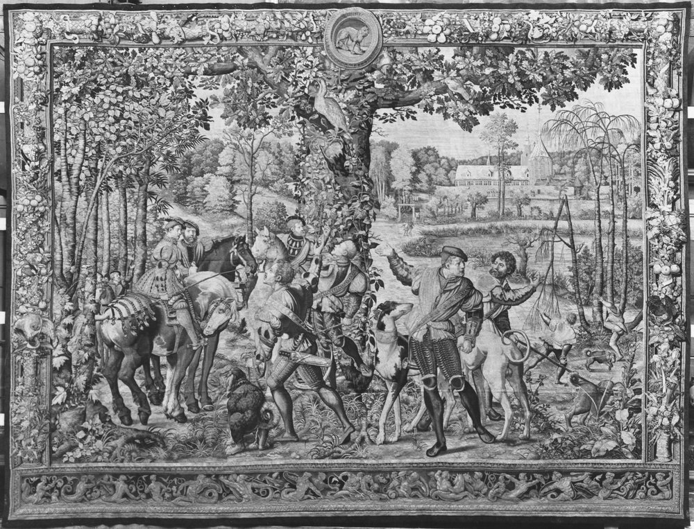 Maximilianin metsästykset, Leijona, Hirvenmetsästys, Gobelins-manufaktuuri (seinävaate) tekijältä Bernard van Orley