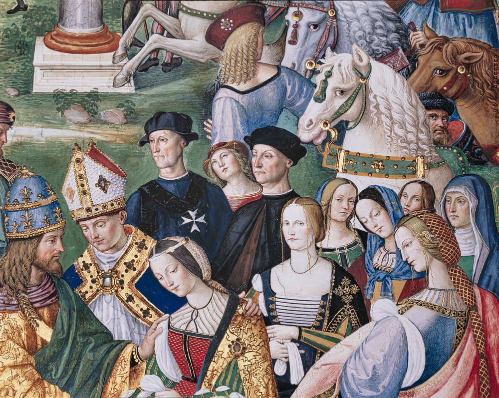 Piccolomini-kirjasto, kaakkoiseinä: "Aeneas Sylvius esittelee Aragonan Eleonoran Frederick III:lle 24. helmikuuta tekijältä Bernardino di Betto Pinturicchio