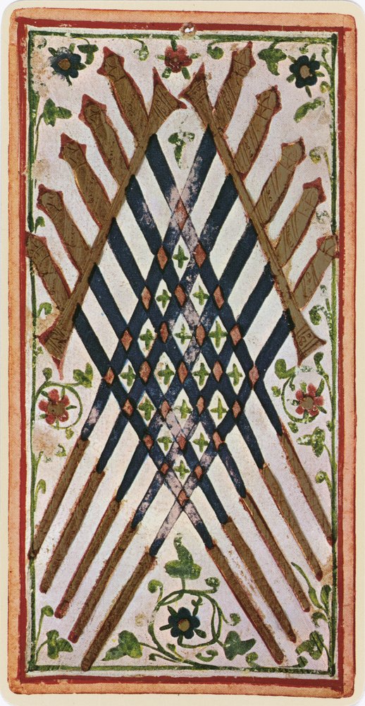 The Ten of Swords, faksimile Tarot-kortista "Visconti"-pakasta, 1441-47 tekijältä Bonifacio Bembo