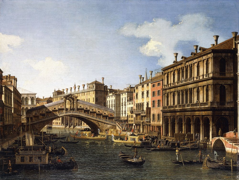 Rialton silta Venetsiassa etelästä nähtynä sekä Saksin prinssin nousu laivaan hänen vierailullaan vuonna 1740 tekijältä Giovanni Antonio Canal