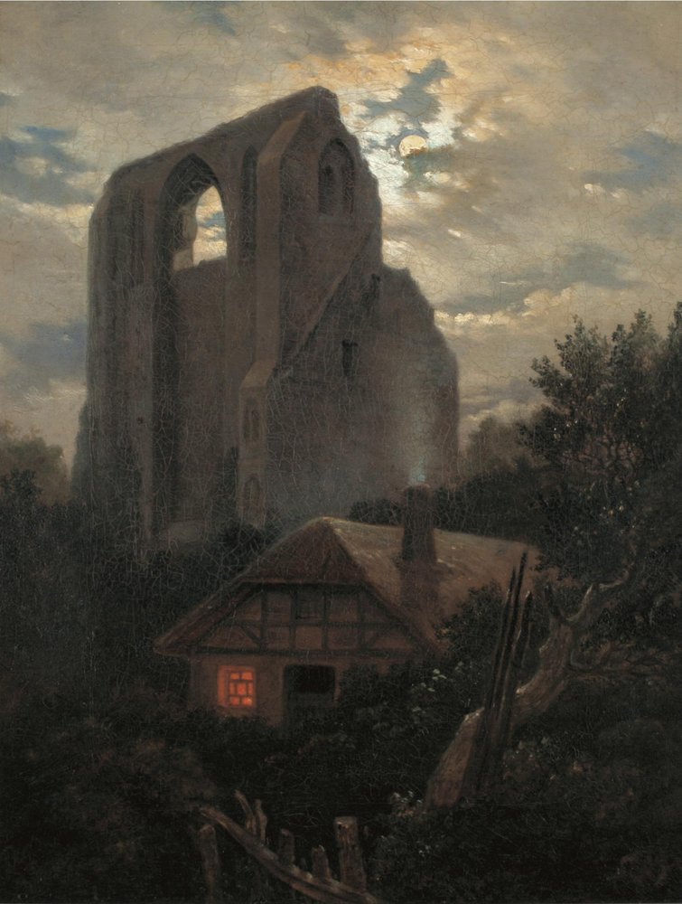 Eldenan luostarin rauniot ja mökki Greifswaldin lähellä kuutamossa, 1820 tekijältä Carl Gustav Carus