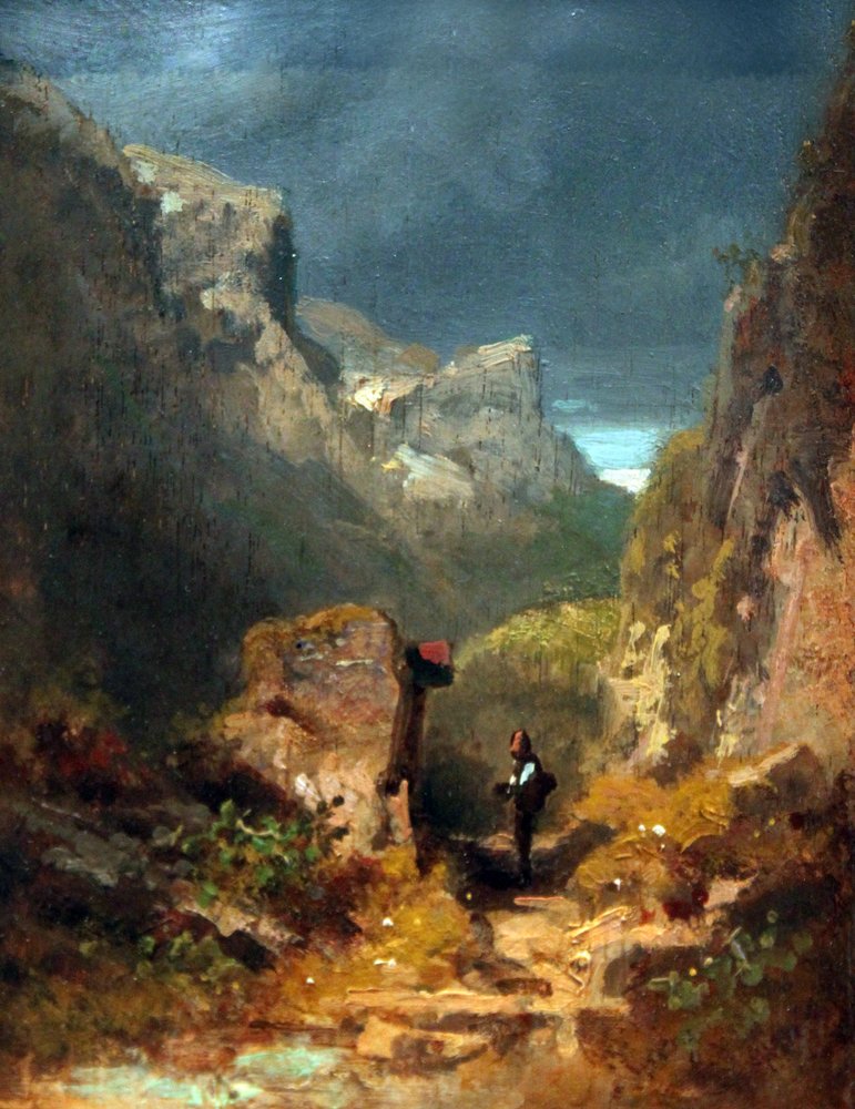 Vuoristomaisema, jossa on muistoristi kallion vieressä tekijältä Carl Spitzweg