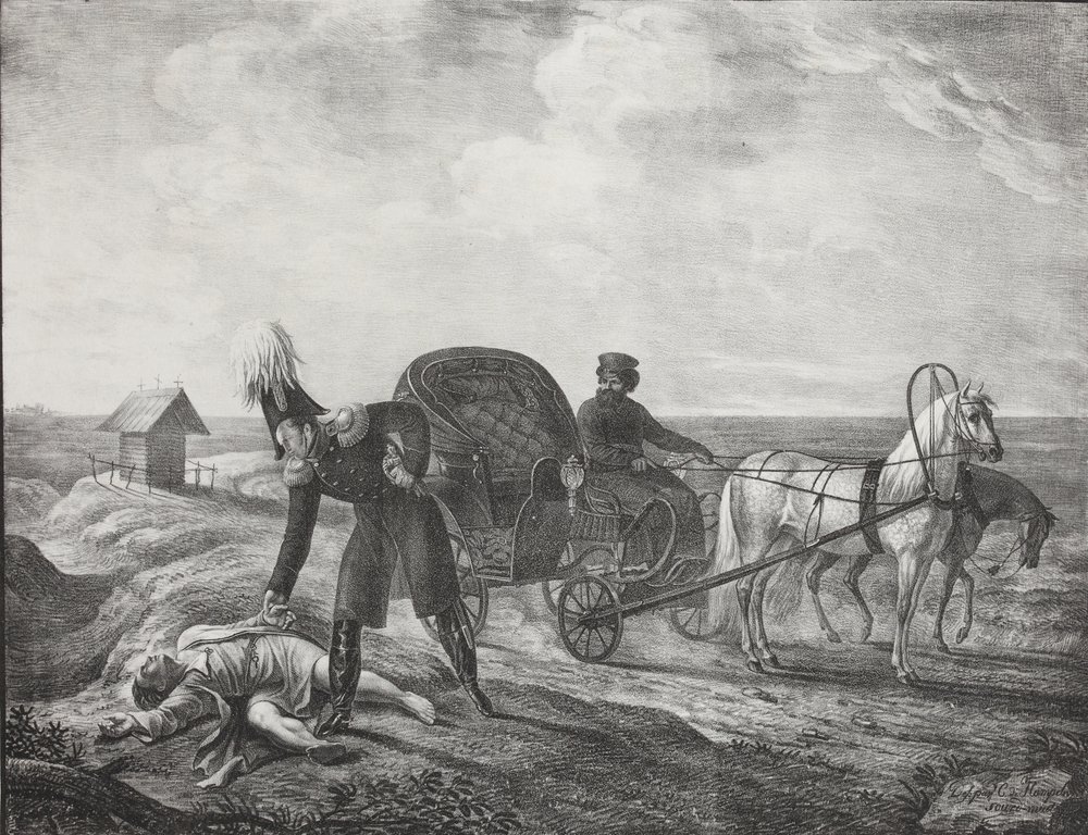 Keisari Aleksanteri I auttaa apua tarvitsevaa henkilöä, 1820. tekijältä Carl von Hampeln