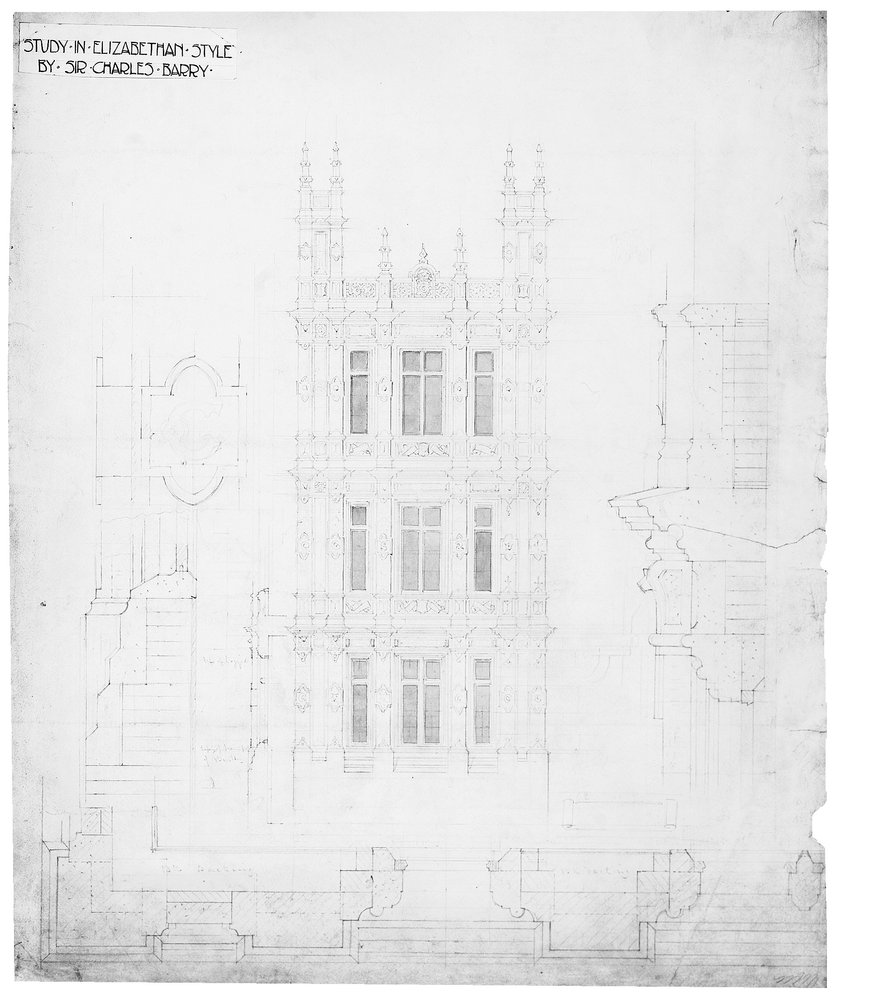 "Study in Elizabethan Style", piirustus parlamenttitalolle, n. 1836-1840 (kynä ja muste paperille) tekijältä Charles Barry