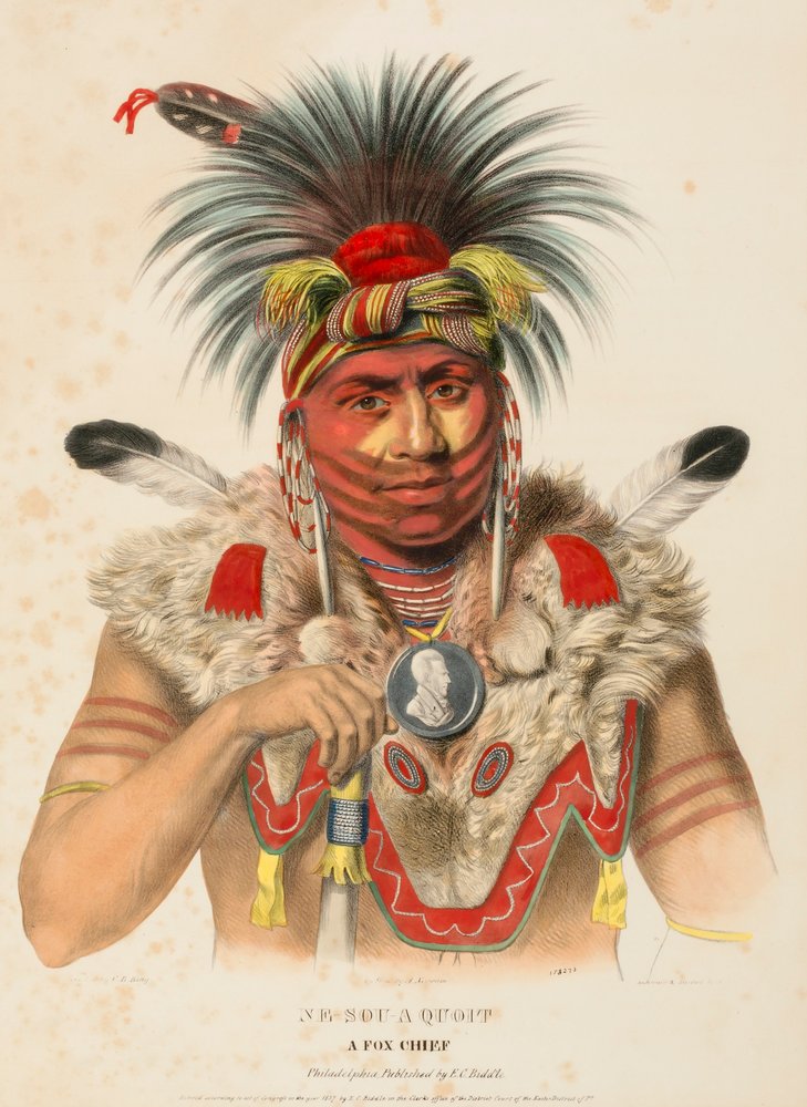 NE-SOU-A-QUOIT. A FOX CHIEF., kirjasta History of the Indian Tribes of North America. tekijältä Charles Bird King