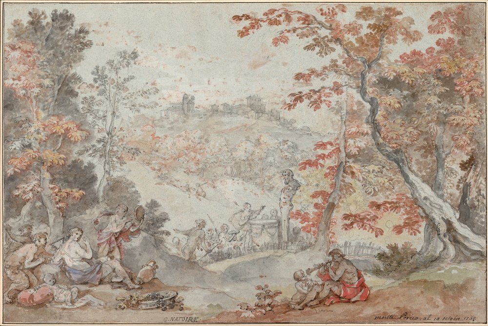 Italialainen syysmaisema, jossa on Monte Porzio ja uhri Panille, 1763 tekijältä Charles Joseph Natoire