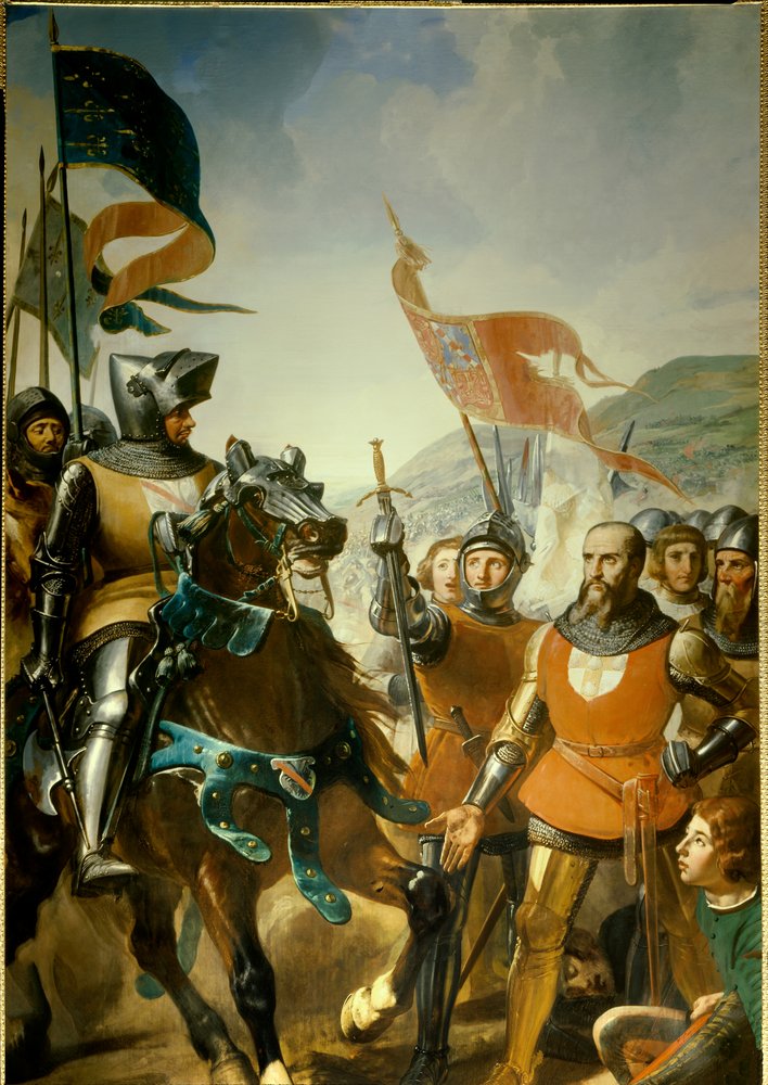 Satavuotinen sota (1337-1453): yksityiskohta "" Cocherelin taistelusta lähellä Evreuxia, jonka Bernard du Guesclin (1320-1380) voitti Navarran kuninkaan joukoissa, Charlesin maalaus 16.5.1364". Philippe Lariviere (1798-1876) noin 1837 su. 4,2x2,6 m. tekijältä Charles-Philippe Lariviere