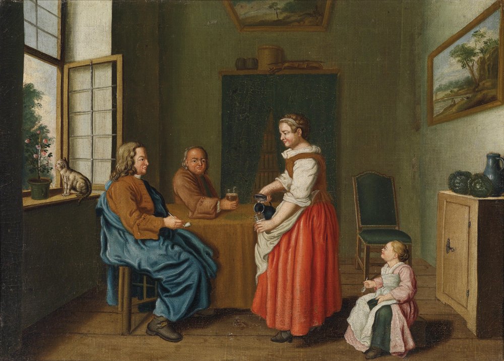 Interieur mit zwei Männern am Tisch und einer Magd, die sie bedient tekijältä Jan Josef Horemans II