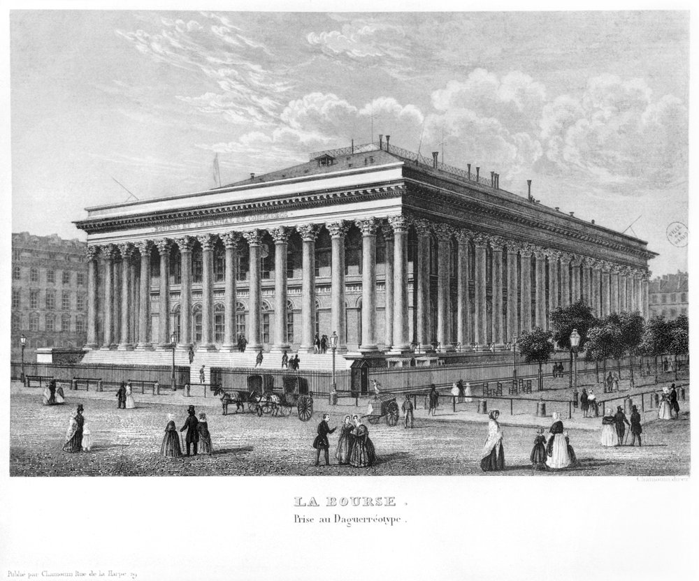 The Bourse and Commercial Court, Pariisi, dagerrotypian mukaan, n. 1840 tekijältä Claude Hilaire Alphonse Chamouin