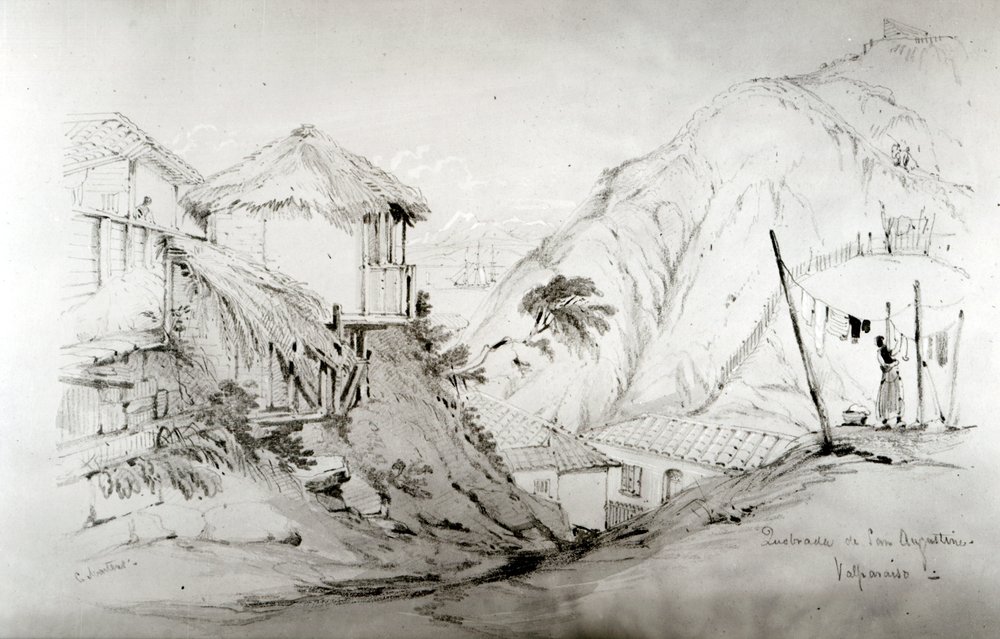 Näkymä Valparaisoon, 1834 (kynä ja wc paperilla) tekijältä Conrad Martens