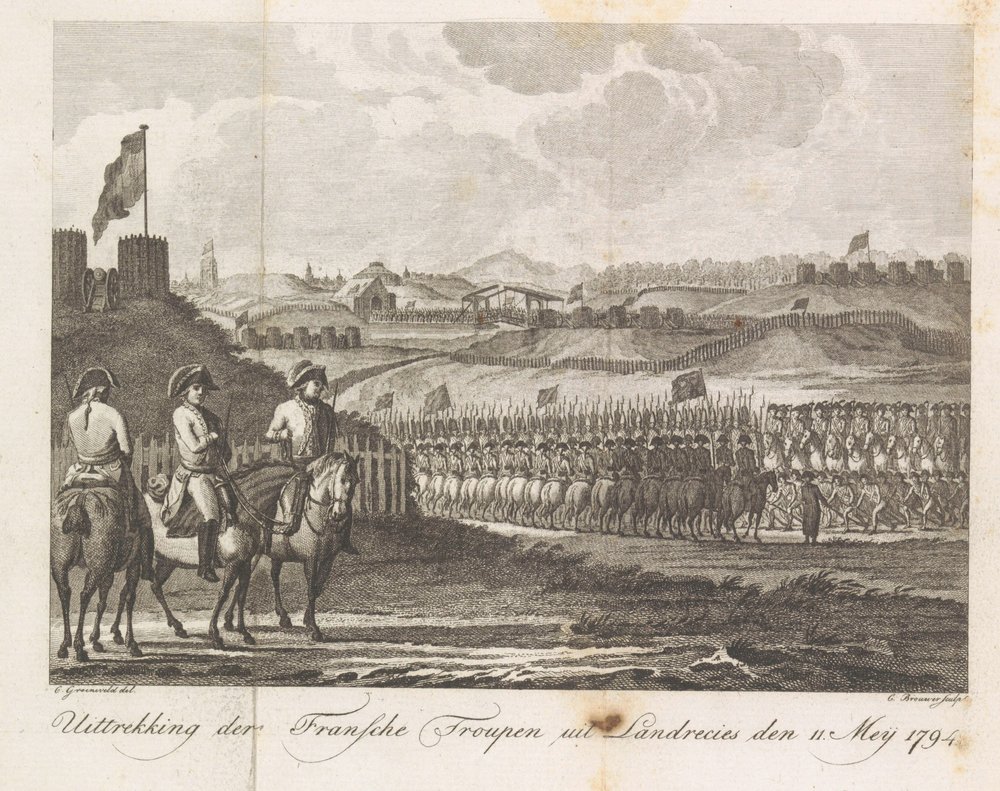 Ranskan joukot lähtevät Landrecysta, 1794 Ranskalaisen troupenin otos Landrecies denistä 11. toukokuuta 1794 (esineen nimi) tekijältä Cornelis Brouwer