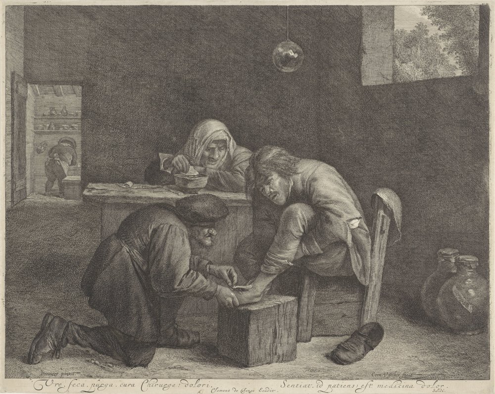 Mies lääkärissä Rauha, seca, purga, cura Kirurgi! dolori (otsikko esineessä) tekijältä Cornelis Visscher (II)