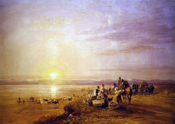 Crossing the Sands (akvarelli lyijykynän jälkien päällä raapimalla paperille) tekijältä David Cox