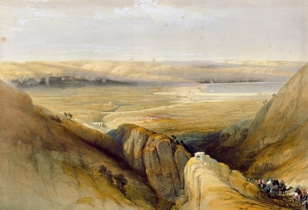 Jordan Valley, Louis Haghen (1806-85) julkaisun "The Holy Land" II osasta, julkaistu Lontoossa, 1842 Lontoossa, 1842 tekijältä David Roberts