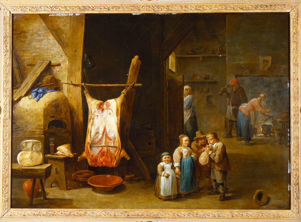 Talonpojan mökin sisustus sian ruholla ja rakkoa räjäyttävä poika, 1646 tekijältä David Teniers the Younger