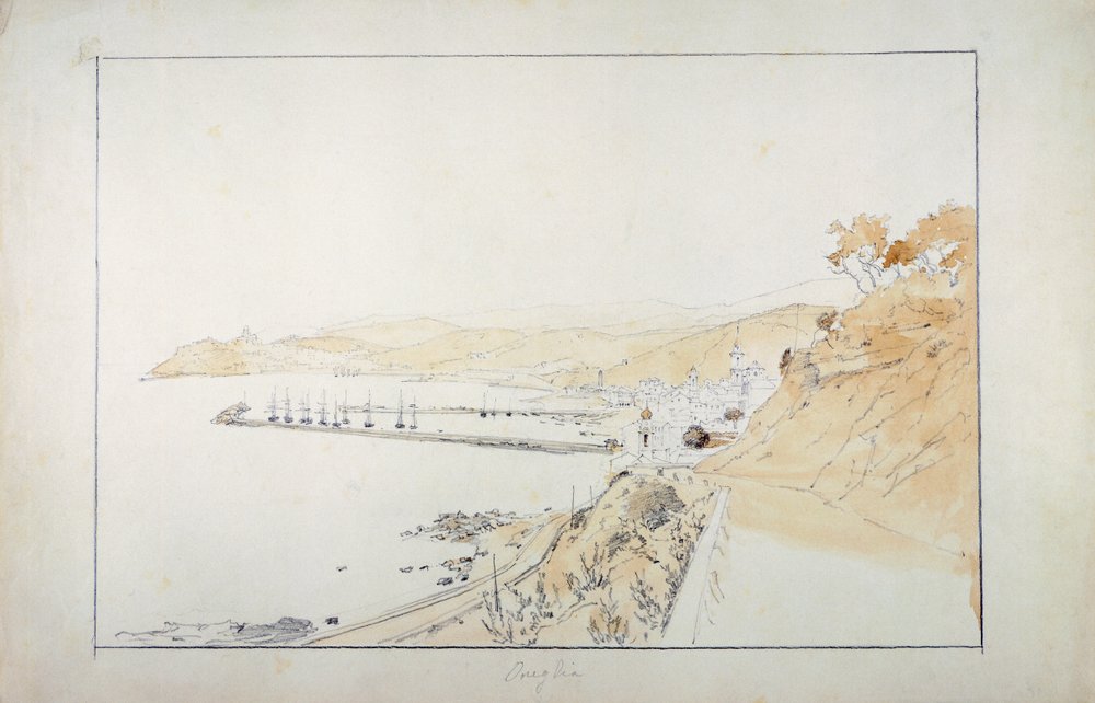 Porto Maurizio nähtynä Onegliasta, noin 1859, kirjoittanut Pasquale Domenico Cambiaso (1811-1894), Italia Kynä ja akvarelli. tekijältä Domenico Cambiaso