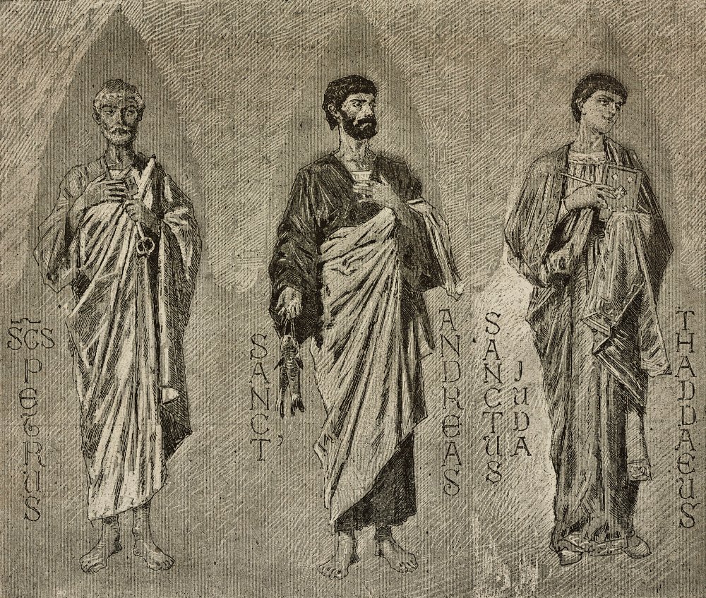 Pyhät Pietari, Andreas ja Juudas apostoli, Domenico Morellin sarjakuvat mosaiikille Amalfin katedraalissa, Italiassa, Italiassa, piirustus P Scoppetta, kaiverrus L
