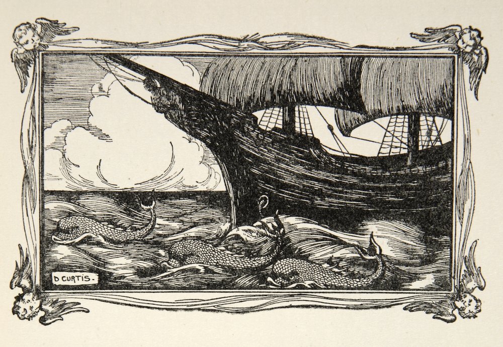 Taikajuoma, kuvitus Beatrice Clayn tarinasta "Kuningas Arthurin ja pyöreän pöydän tarinat", 1. painos, 1905 tekijältä Dora Curtis